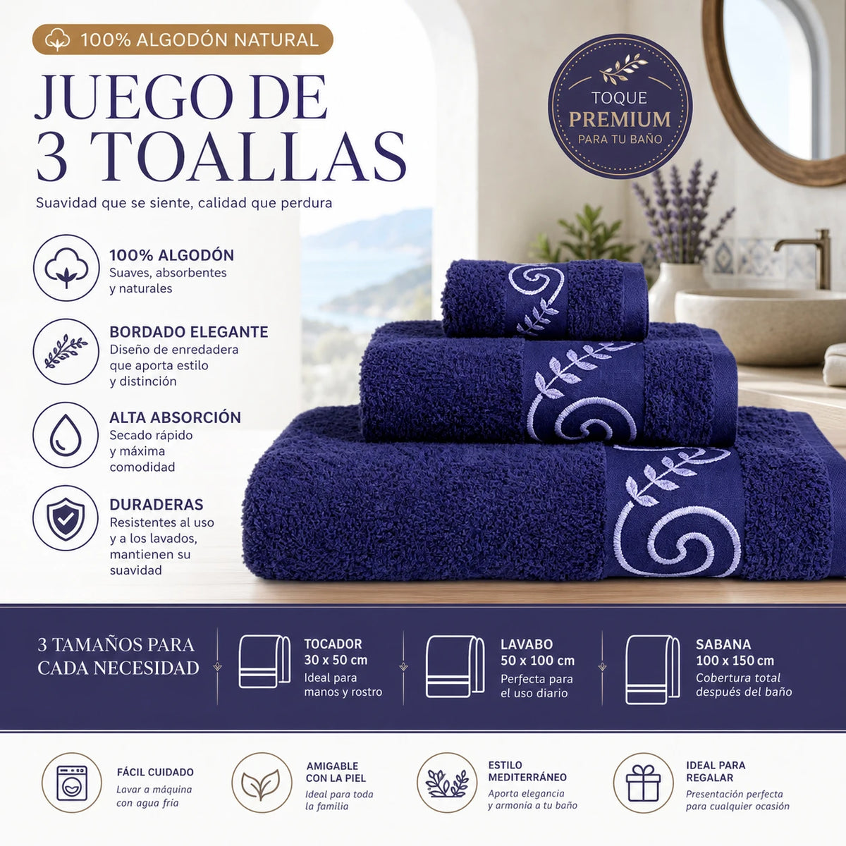 Lot de 3 serviettes de bain en coton – CLEVI Paris