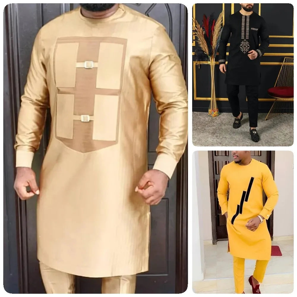 Ensemble 2 Pièces Homme Style Africain Chemise Manches Longues Col Rond + Pantalon Cordon Élégant XS-XXL – CLEVI Paris