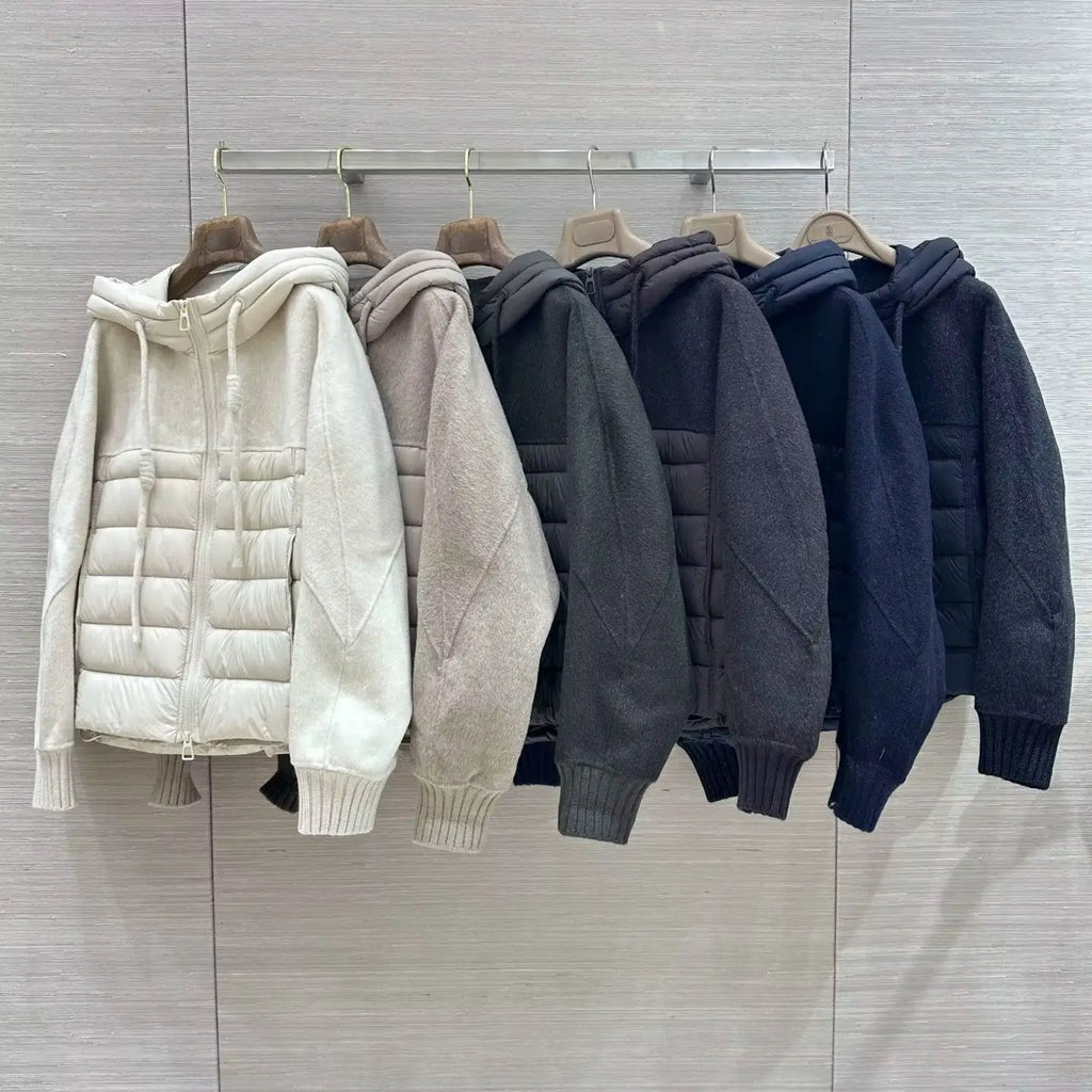 Veste femme à capuche et empiècements matelassés – CLEVI Paris