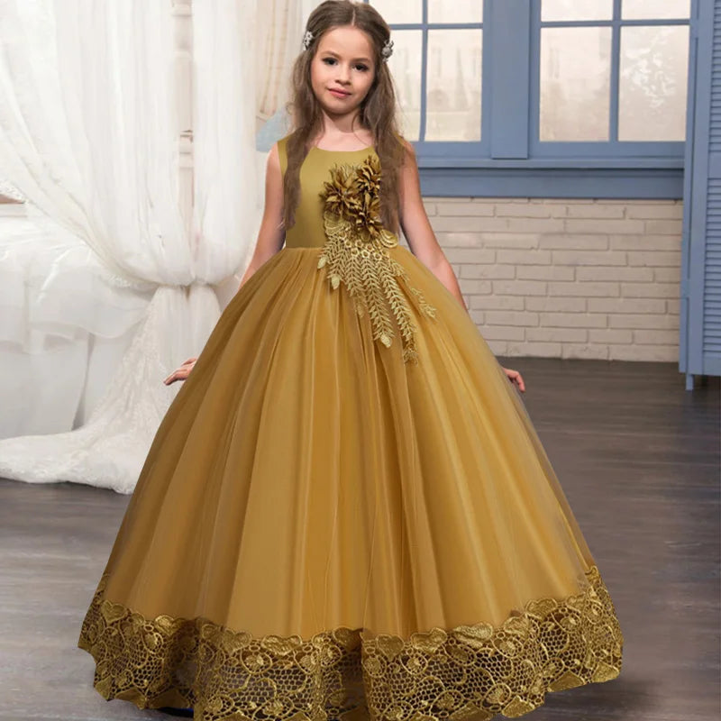 Robe longue fille à appliques florales – CLEVI Paris