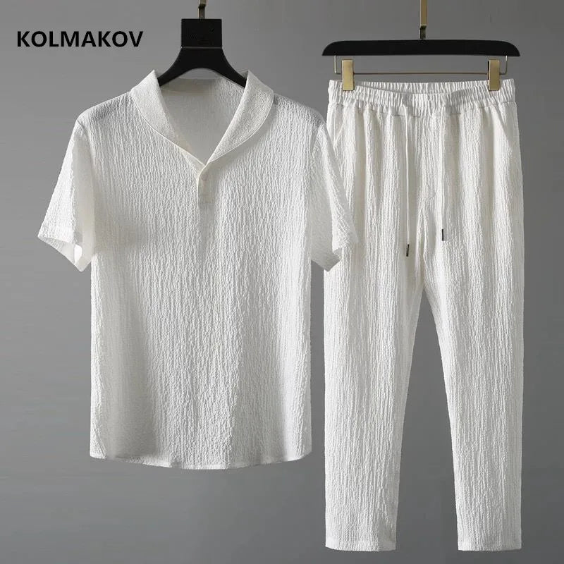 Ensemble 2 Pièces Homme Chemise Col V + Pantalon Élastique Business Casual Été Polyester M-4XL – CLEVI Paris