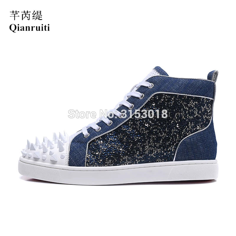 Sneakers Montantes Cuir Bleu Rivets Cristaux Homme – CLEVI Paris