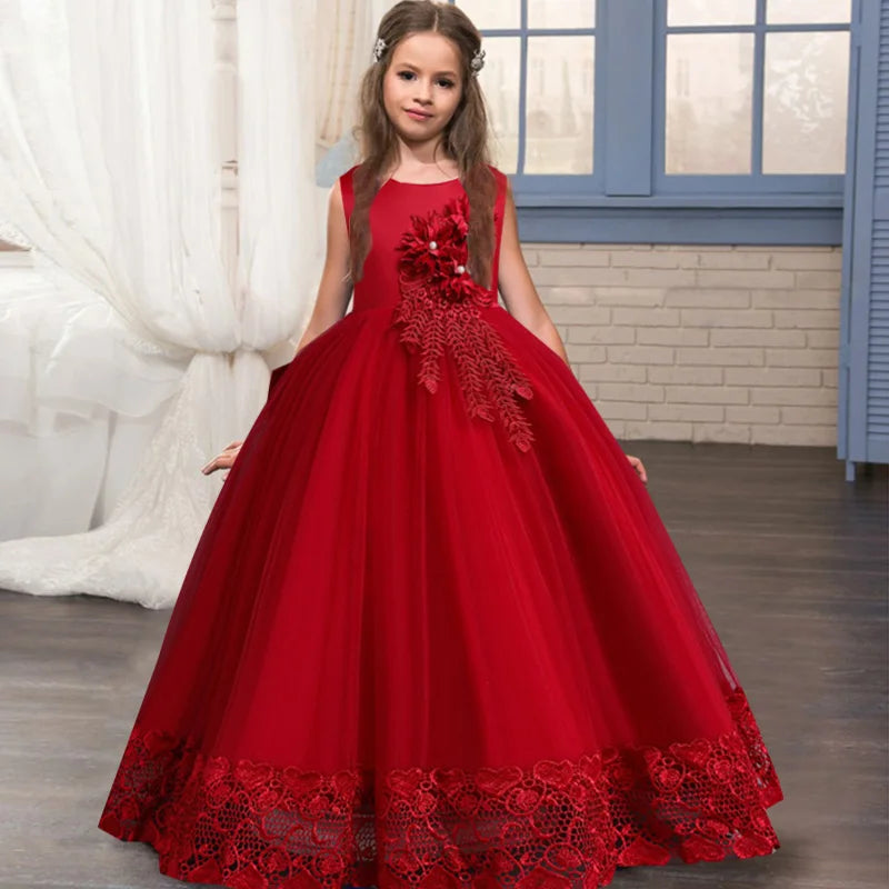 Robe longue fille à appliques florales – CLEVI Paris