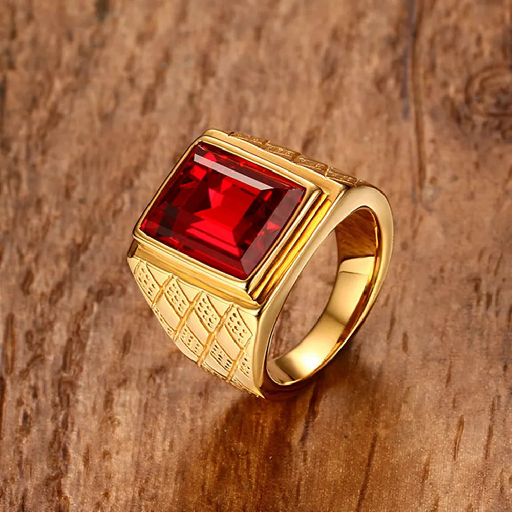 Bague homme carrée dorée effet rubis – CLEVI Paris