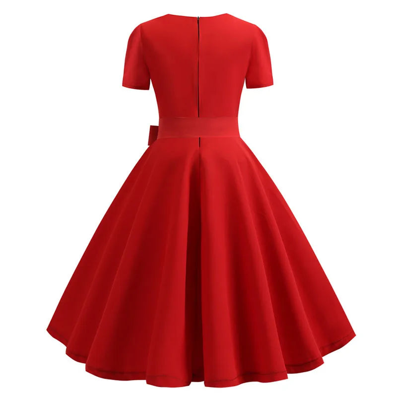 Robe Femme Col Carré Vintage Élégante Manches Courtes Midi À Pois – CLEVI Paris