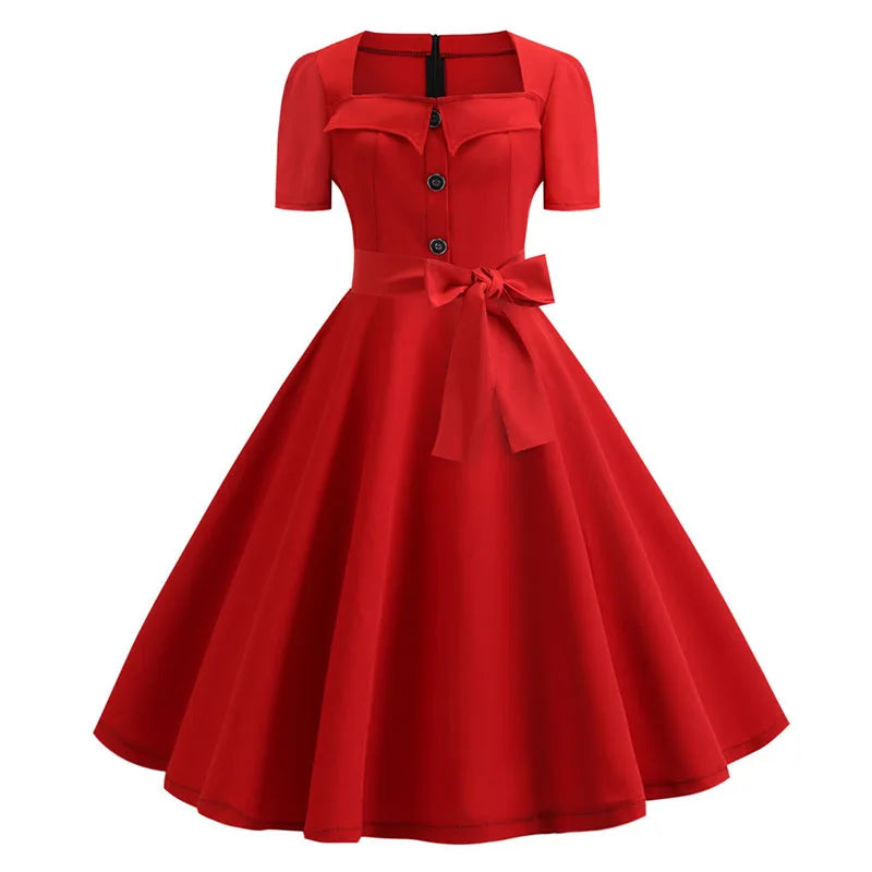 Robe Femme Col Carré Vintage Élégante Manches Courtes Midi À Pois – CLEVI Paris