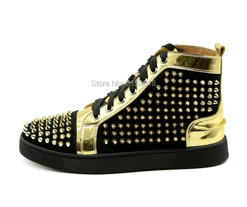 Sneakers Montantes Cuir Noir Blanc Or Rivets Homme – CLEVI Paris