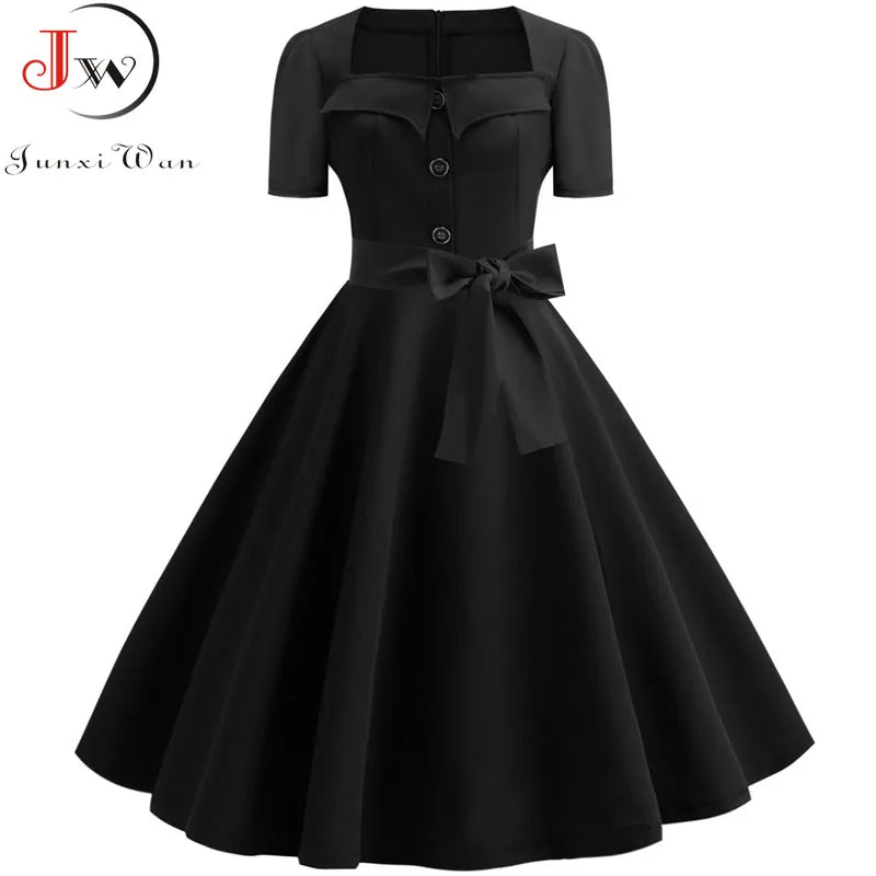 Robe Femme Col Carré Vintage Élégante Manches Courtes Midi À Pois – CLEVI Paris