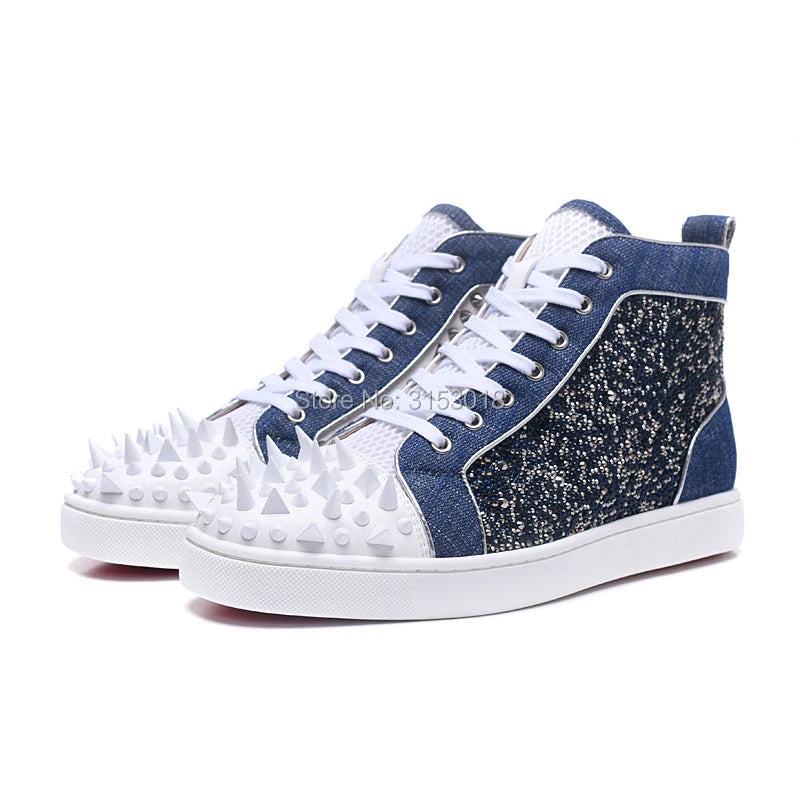 Sneakers Montantes Cuir Bleu Rivets Cristaux Homme – CLEVI Paris