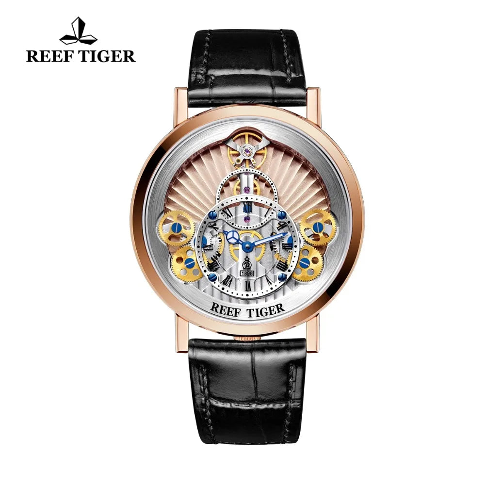 Montre Homme Quartz Squelette Ultra-Plat Or Rose Cuir Reef Tiger RGA1958 – CLEVI Paris