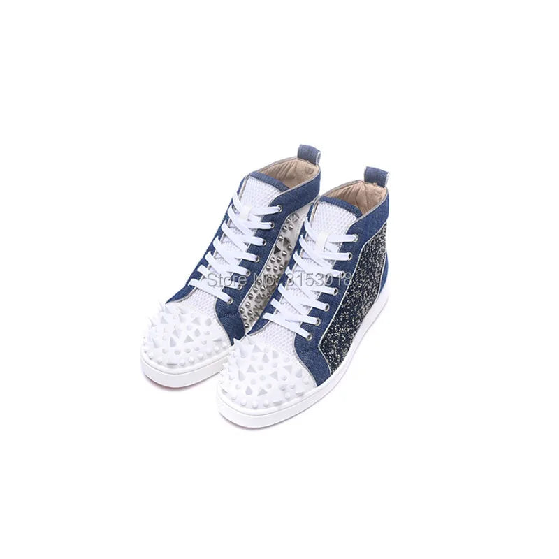 Sneakers Montantes Cuir Bleu Rivets Cristaux Homme – CLEVI Paris