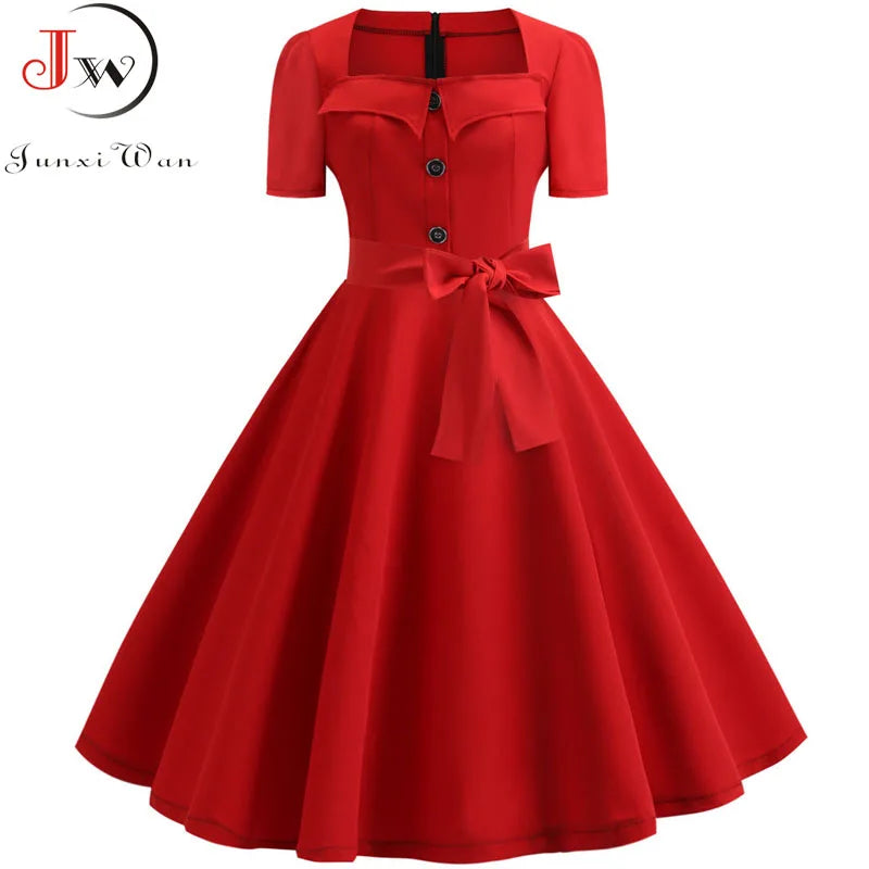 Robe Femme Col Carré Vintage Élégante Manches Courtes Midi À Pois – CLEVI Paris