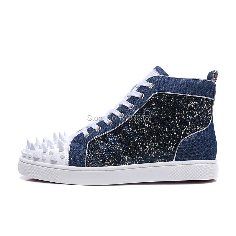 Sneakers Montantes Cuir Bleu Rivets Cristaux Homme – CLEVI Paris