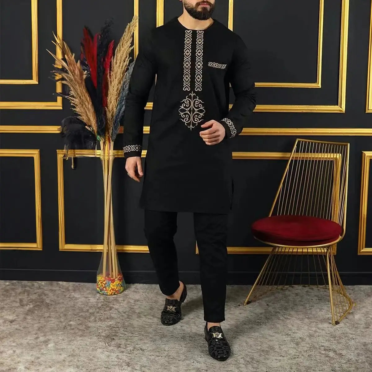 Kaftan Dashiki Homme 2 Pièces Brodé Manches Longues Col Rond + Pantalon Élastique Style Africain Mariage Fête M-4XL – CLEVI Paris