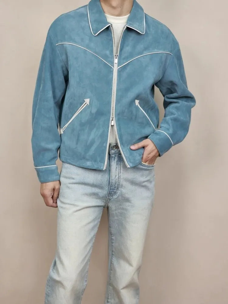 Blouson homme bleu aspect daim à liserés – CLEVI Paris