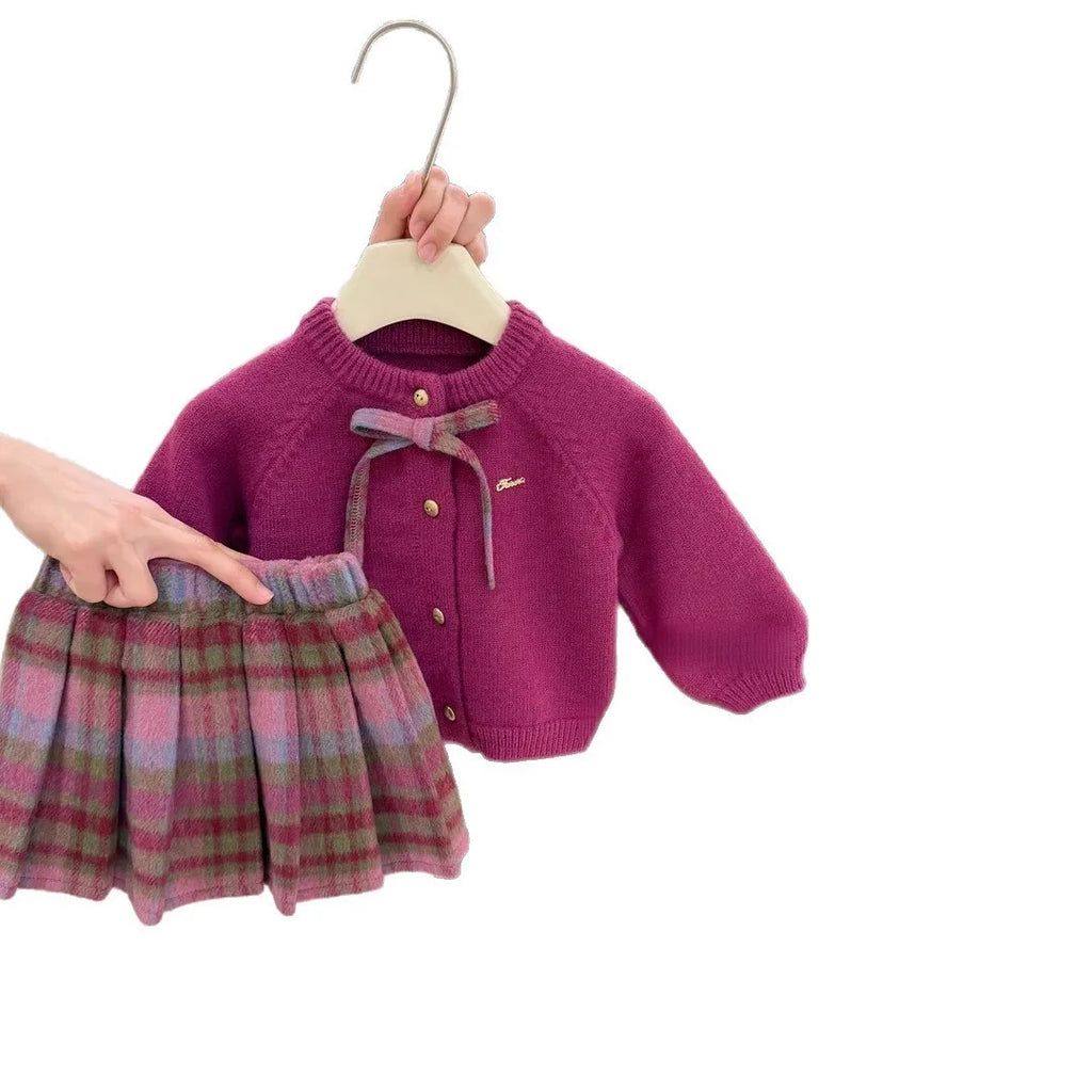 Cardigan et jupe à carreaux fille – CLEVI Paris