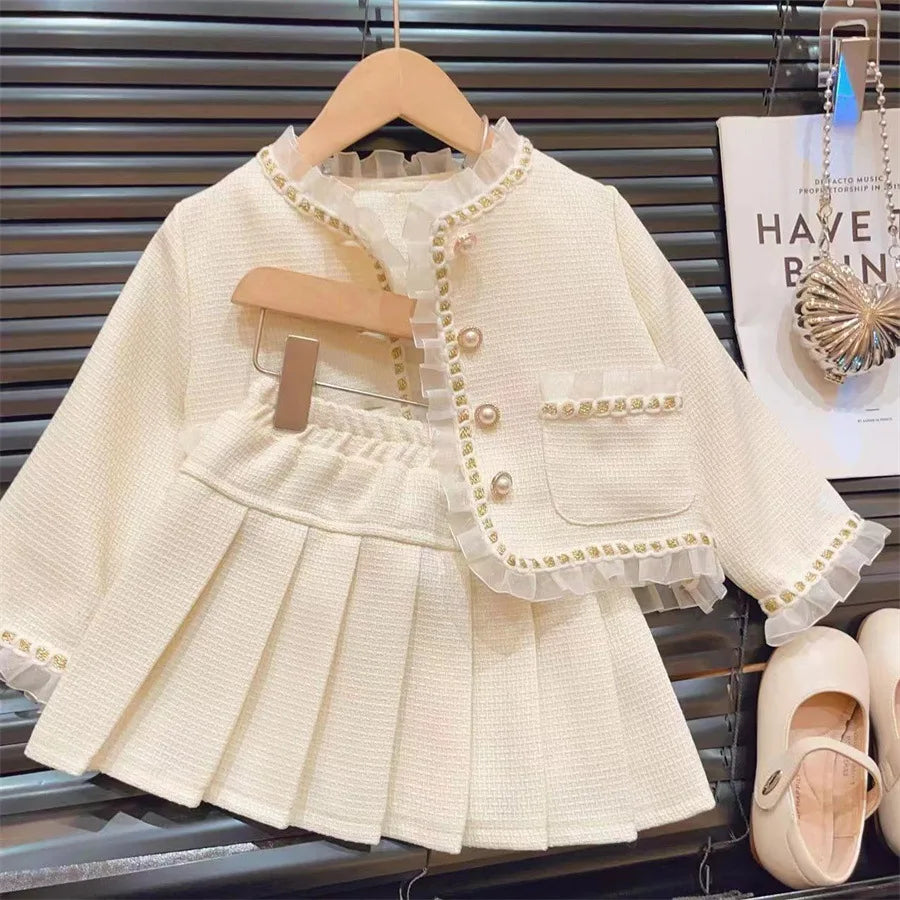Ensemble fille beige dentelle et jupe plissée – CLEVI Paris
