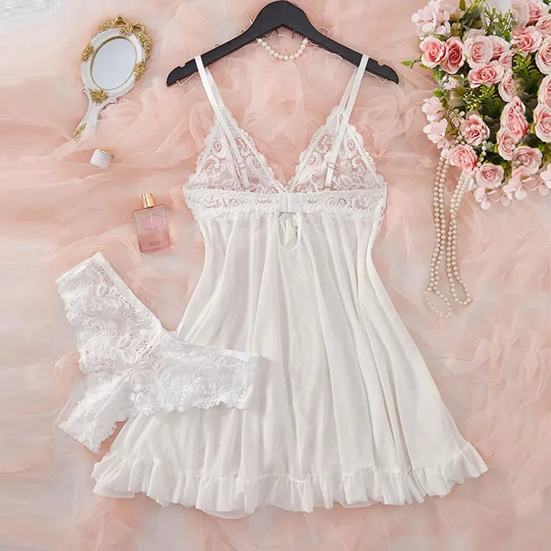 Ensemble Lingerie Dentelle Volantée Col V Profond Transparent Femme Nuisette Mini + String 6 Coloris S-XL – CLEVI Paris