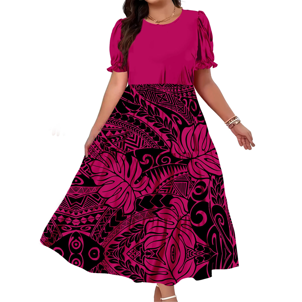 Robe Femme Longue Imprimé Polynésien Manches Bouffantes Ample Élégante – CLEVI Paris