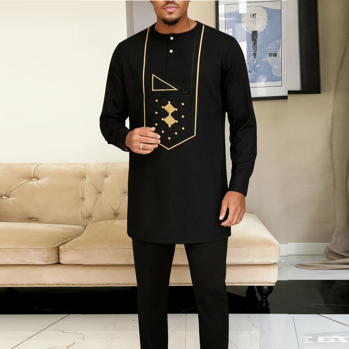 Ensemble Kaftan Africain Homme 2 Pièces – Costume Brodé Manches Longues – CLEVI Paris