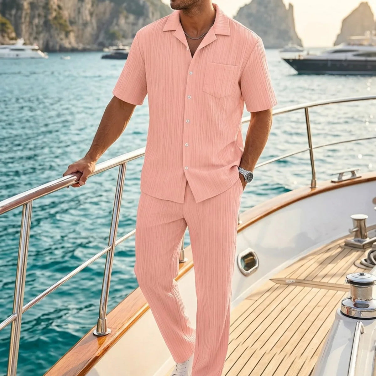 Ensemble Homme Chemise Col Cranté Manches Courtes + Short Cordon Casual Plage Yacht Été 7 Coloris – CLEVI Paris