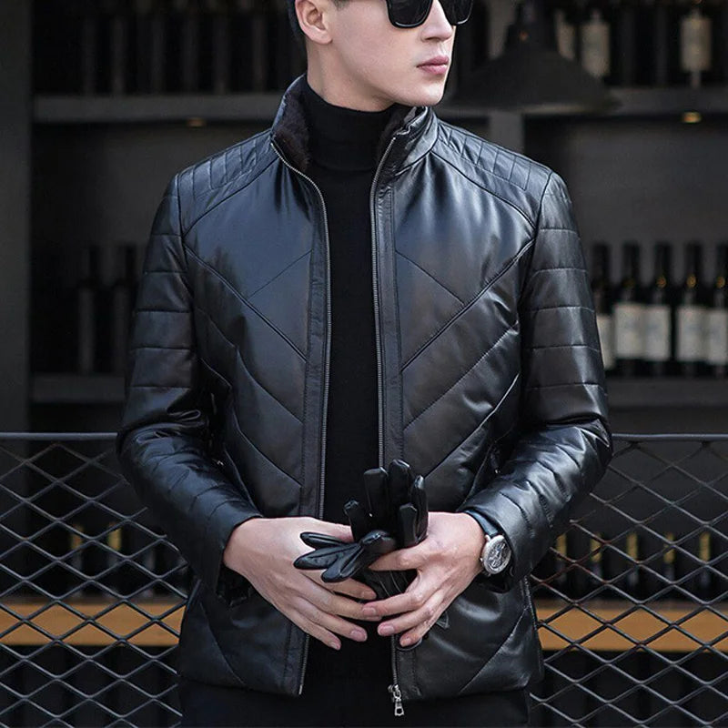 Blouson homme en cuir à surpiqûres et col montant – CLEVI Paris