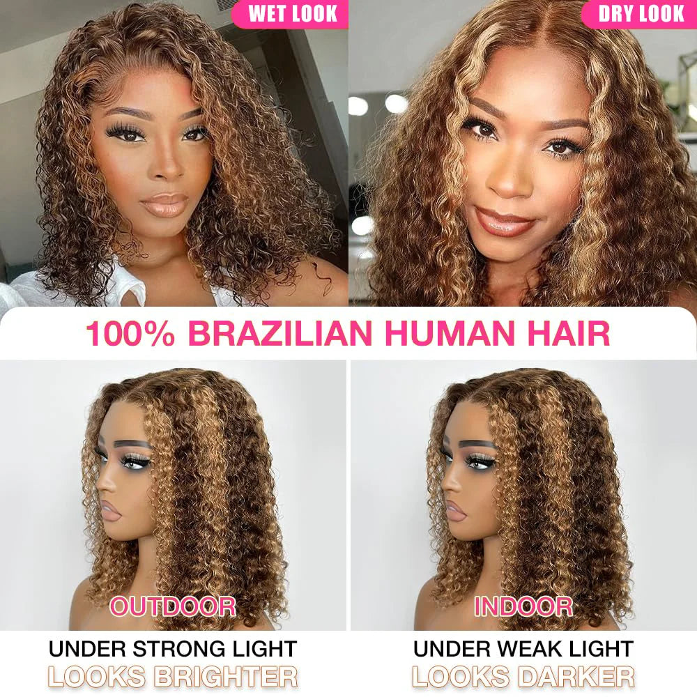 Perruque Bob Courte Deep Wave Lace Frontale 13x4 Blonde Miel P4/27 – CLEVI Paris