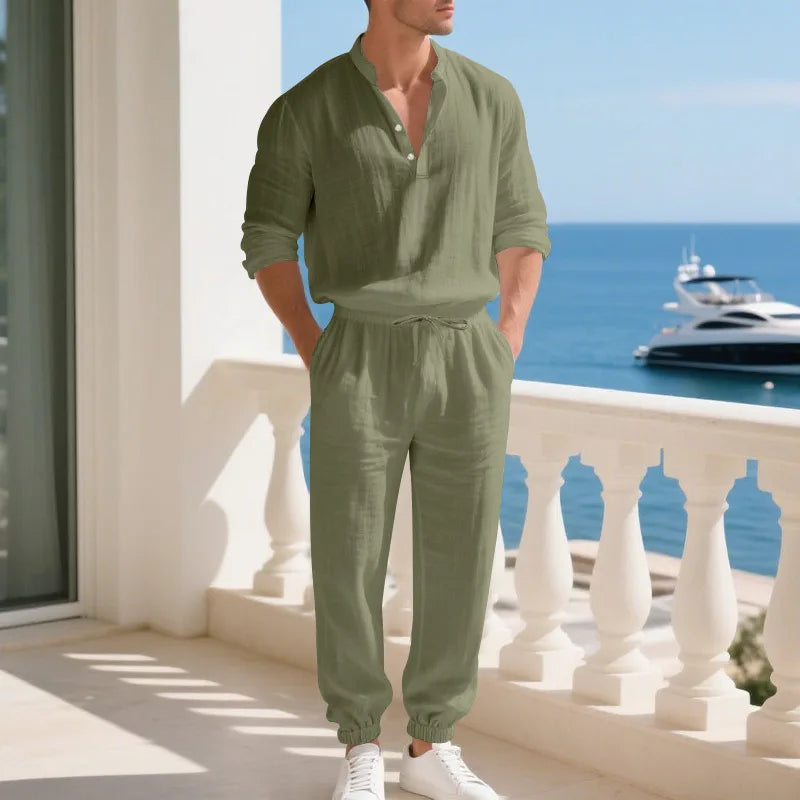 Ensemble 2 Pièces Homme Lin Col Henley Manches Longues + Pantalon Style Casual Américain Automne – CLEVI Paris