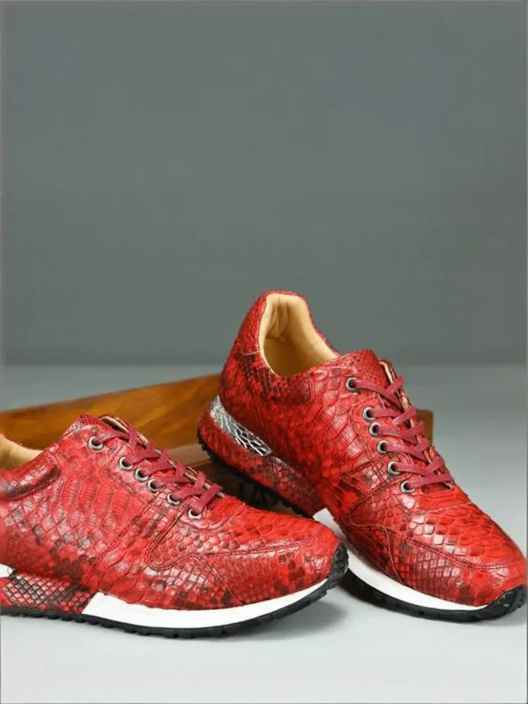 Sneakers Homme Cuir Snakeskin Lacets Plateforme Rouge – CLEVI Paris