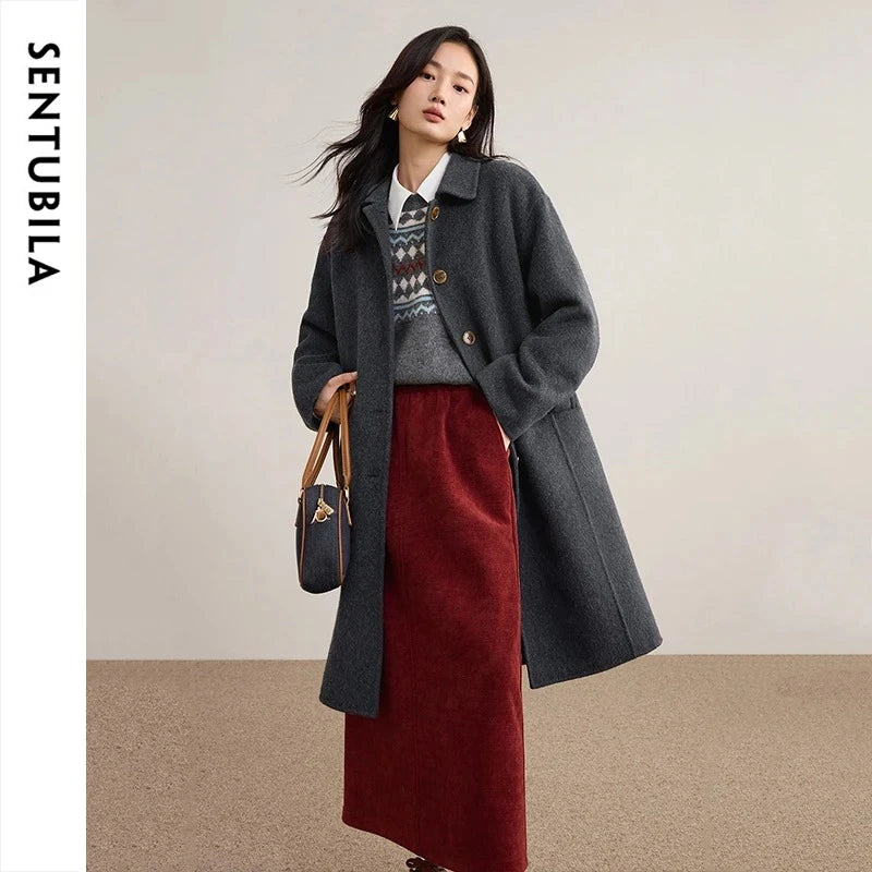 Manteau long femme en laine mélangée à col polo – CLEVI Paris
