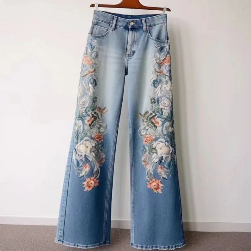 Jean Femme Flare Brodé Taille Mi-Haute Denim Casual Automne Hiver – CLEVI Paris