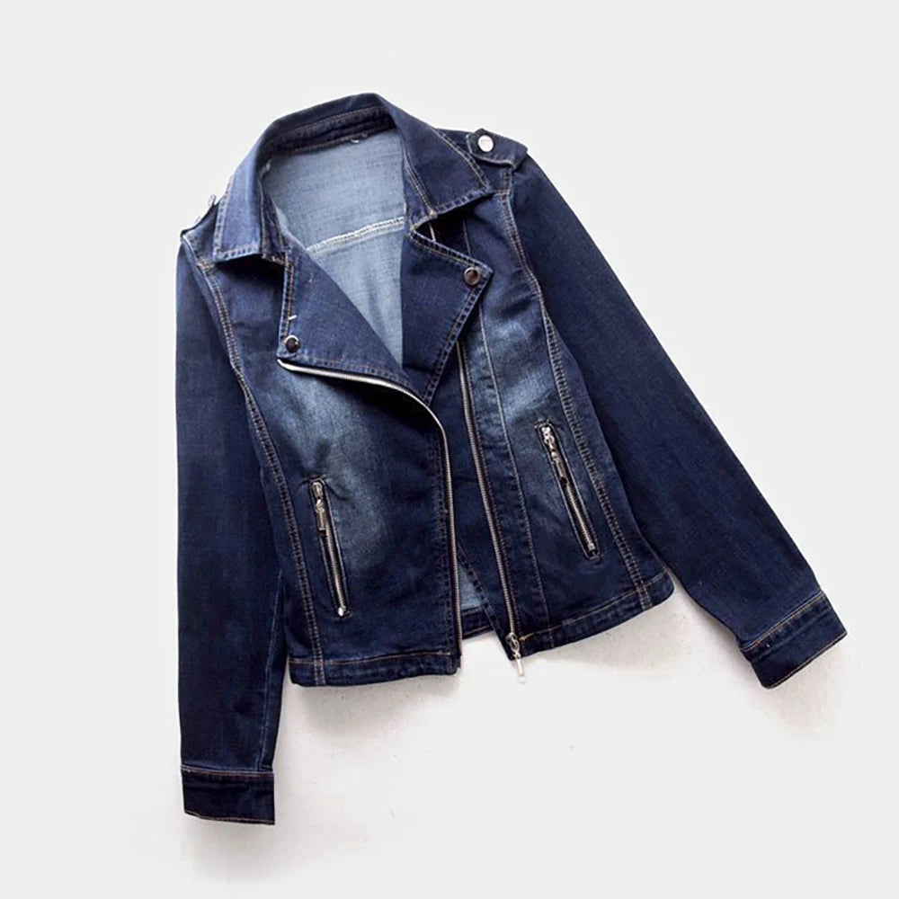 Veste biker en jean femme à col revers – CLEVI Paris