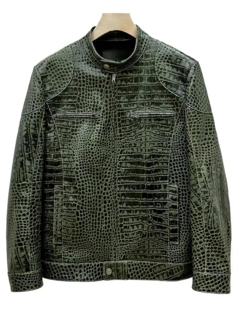 Blouson homme en cuir vert motif crocodile – CLEVI Paris