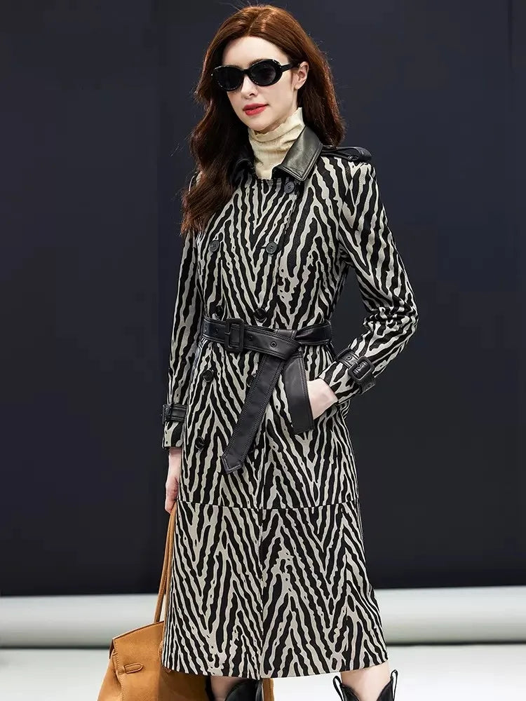 Trench femme cuir de mouton zébré ceinturé – CLEVI Paris