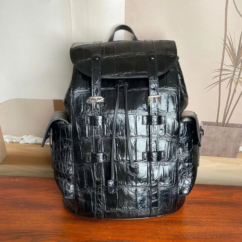 Sac à Dos Cuir Croco Noir Homme Cordon 30x38cm – CLEVI Paris