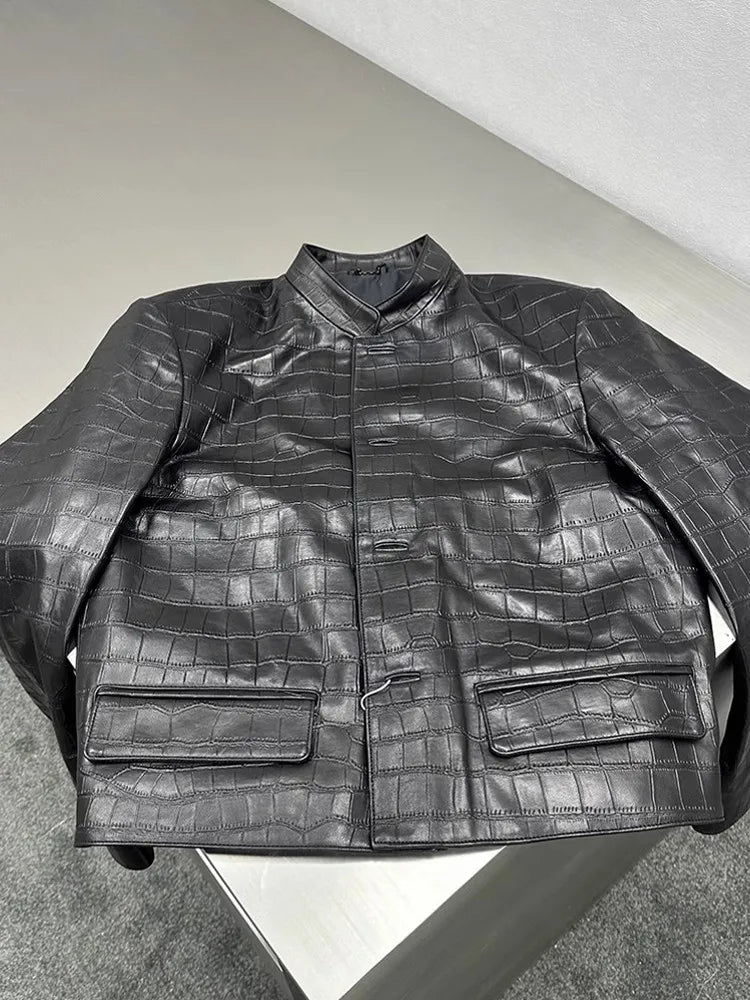 Veste homme en cuir noir motif crocodile – CLEVI Paris