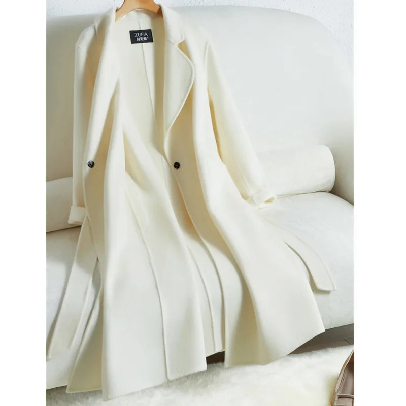Manteau long femme ceinturé à revers – CLEVI Paris