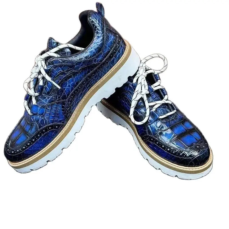 Sneakers Cuir Crocodile Homme Bout Rond Lacets Bleu – CLEVI Paris