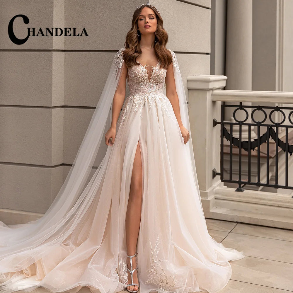 Robe de mariée trapèze fente haute en tulle – CLEVI Paris