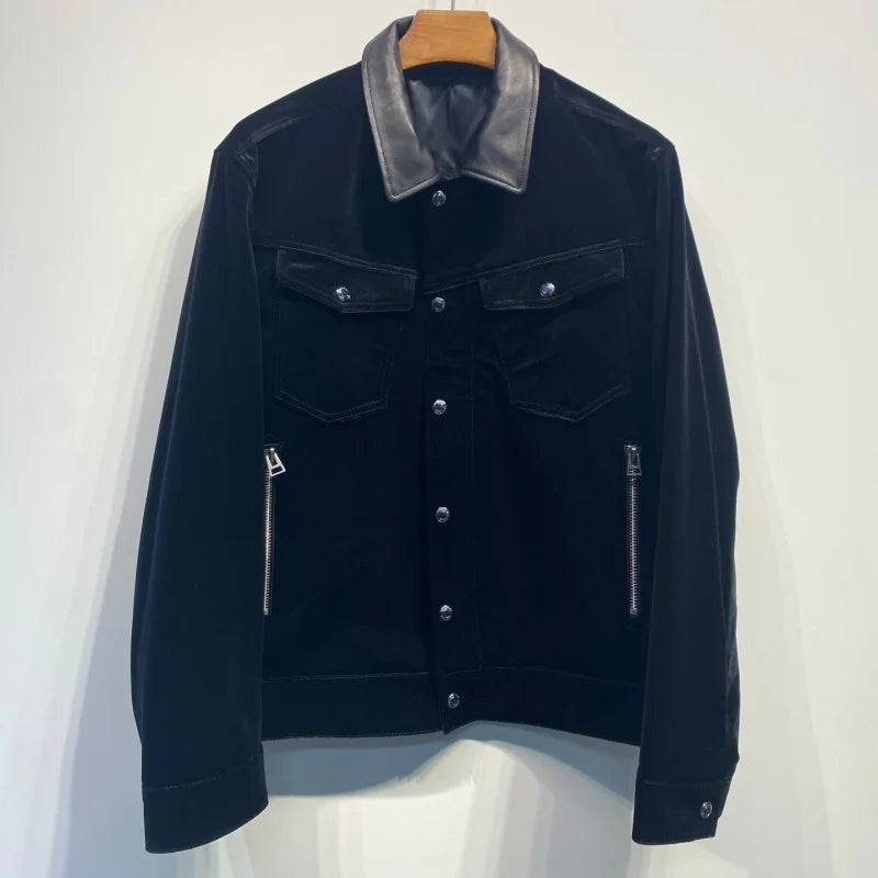 Veste homme noire effet velours à col contrastant – CLEVI Paris