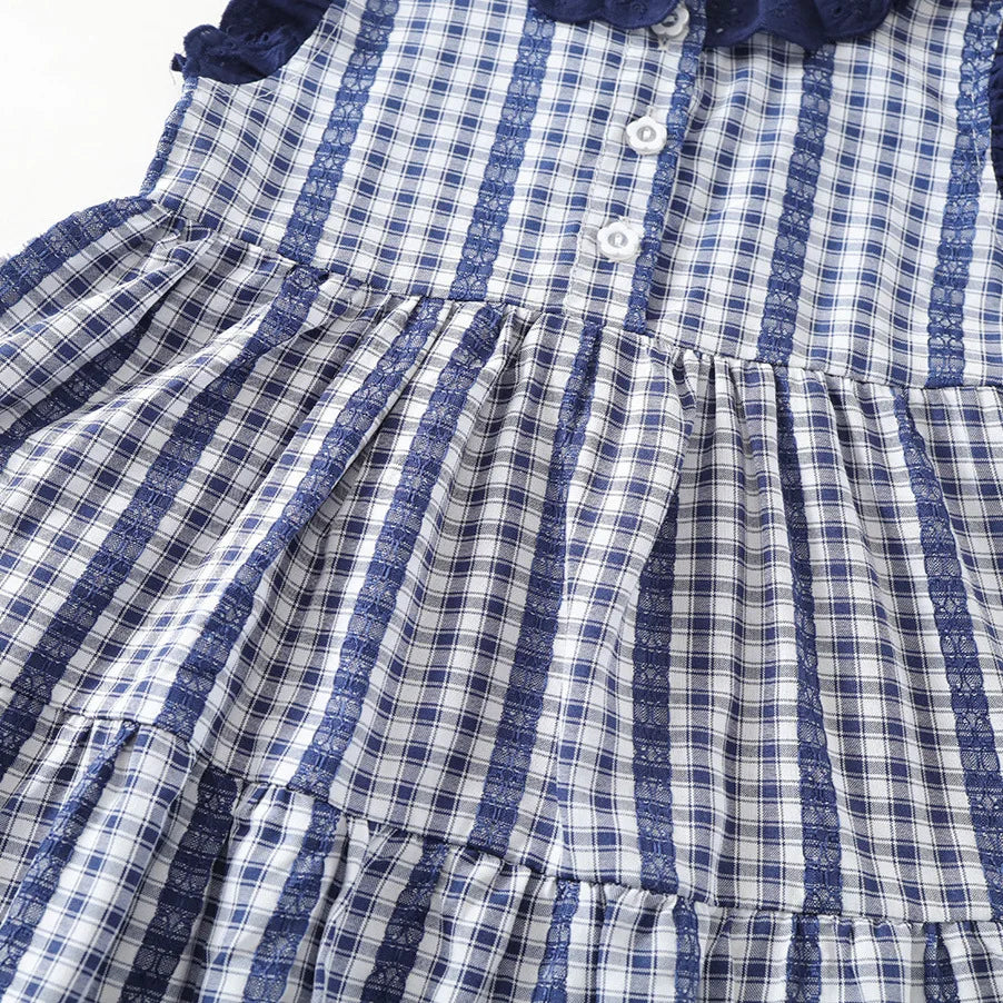 Robe fille bleue à carreaux en coton – CLEVI Paris