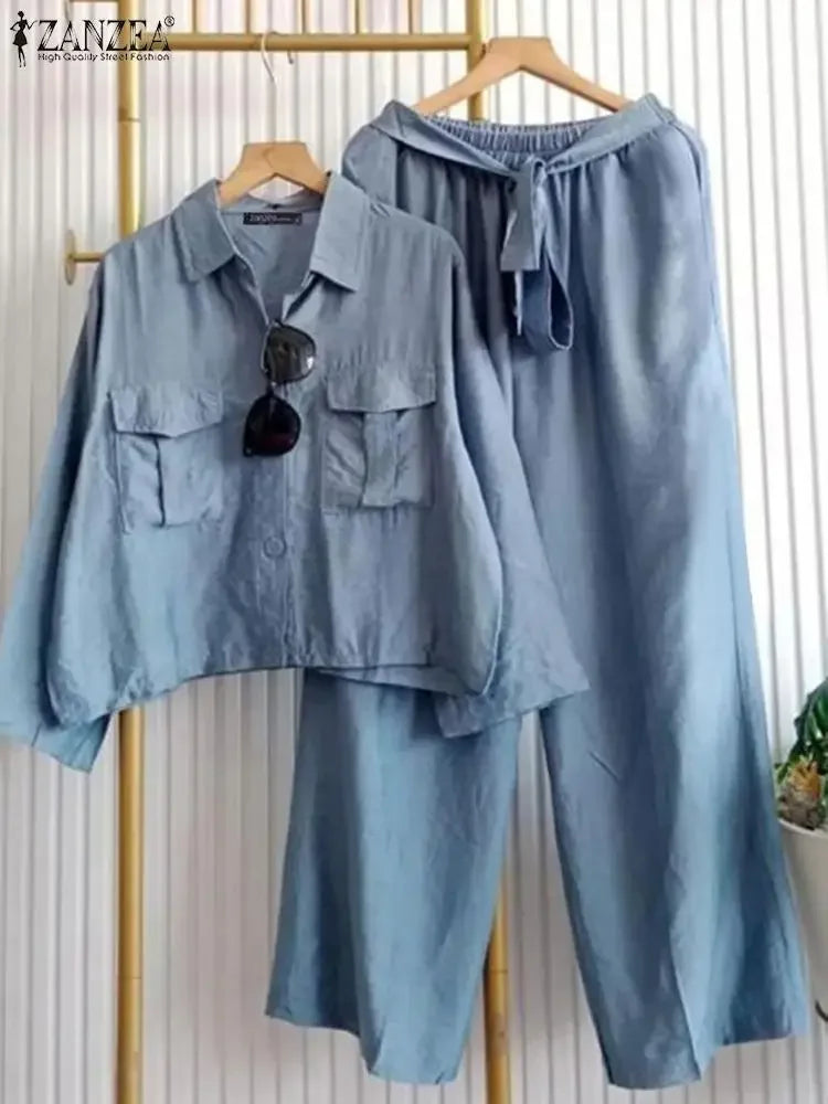 Ensemble 2 Pièces Femme Chemise Col Rabattu Manches Longues Boutonnée Ceinture + Pantalon Large Taille Mi-Haute Élastique Poches Casual Workwear 3 Coloris – CLEVI Paris