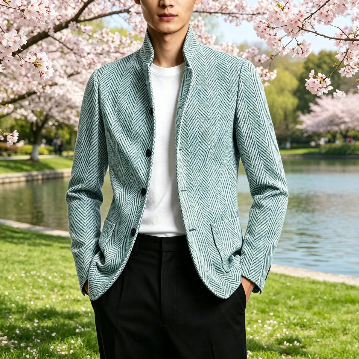 Blazer homme à chevrons, col montant, coupe ajustée – CLEVI Paris