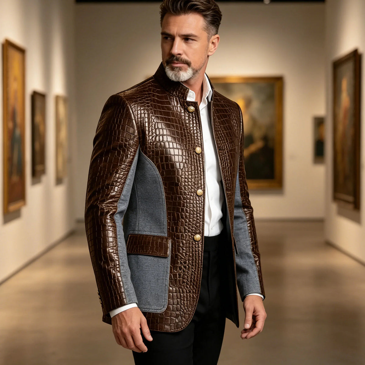 Blazer en cuir PU de luxe marron pour homme, effet croco, patchwork denim, col montant, coupe ajustée, idéal pour affaires, décontracté ou soirée