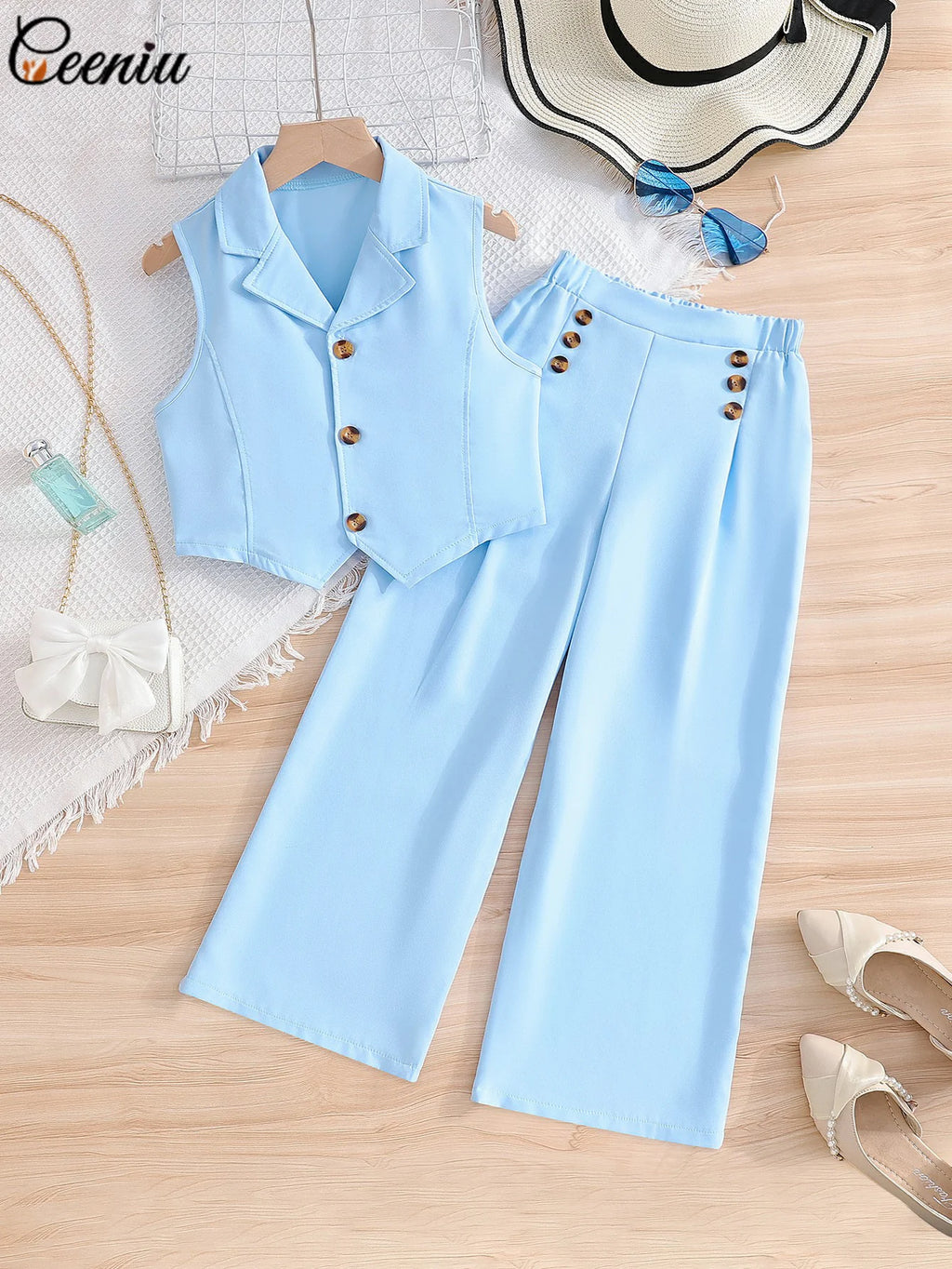 Ensemble fille gilet et pantalon bleu ciel – CLEVI Paris