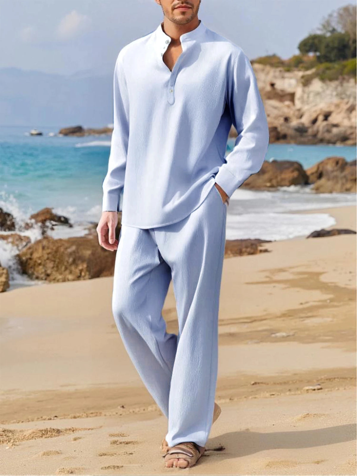 Ensemble Homme Chemise Col V Sans Manches + Pantalon Casual Beach Outdoor – CLEVI Paris