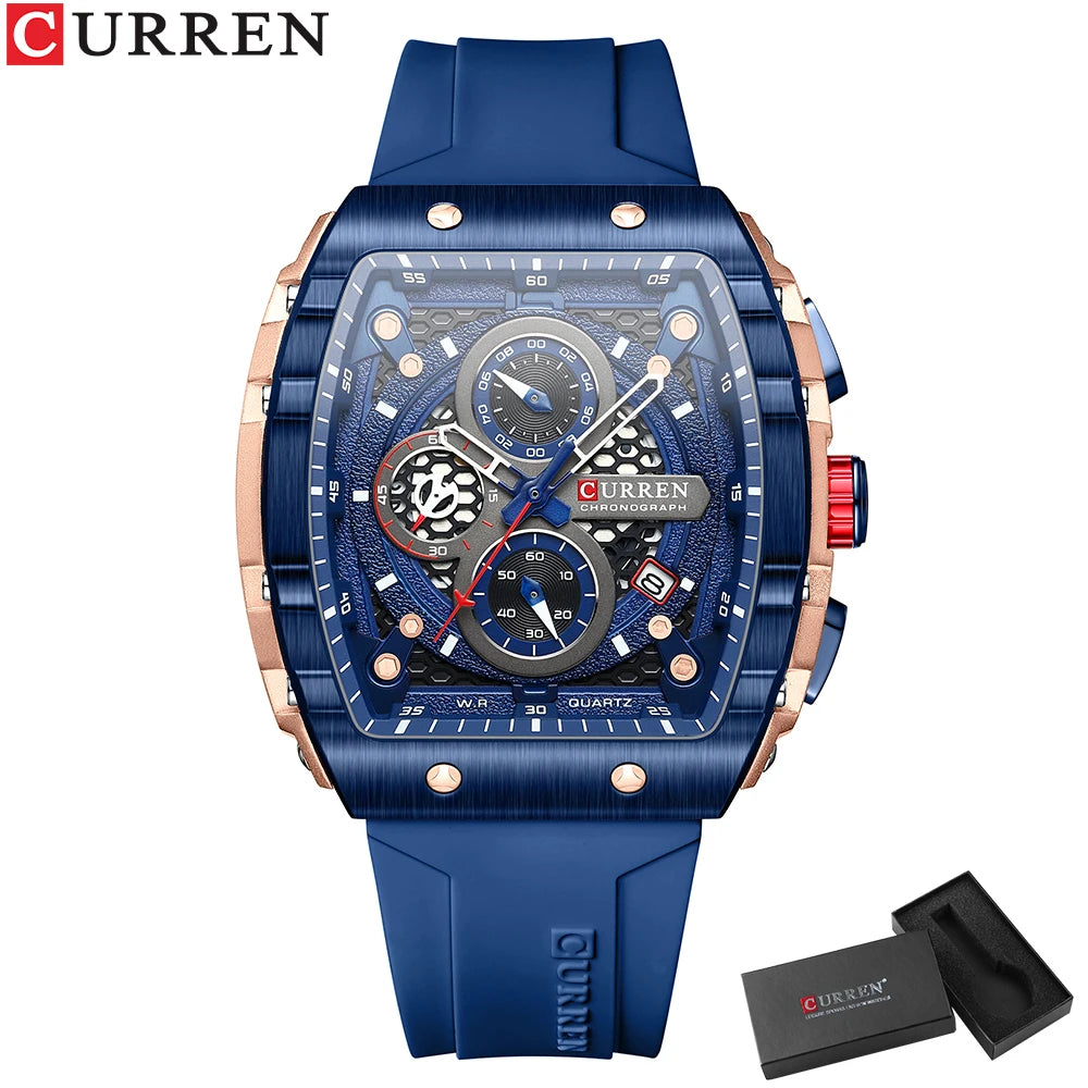 CURREN Montre Quartz Homme Rectangulaire Chronographe Silicone Lumineux 47mm Mouvement Japonais – CLEVI Paris