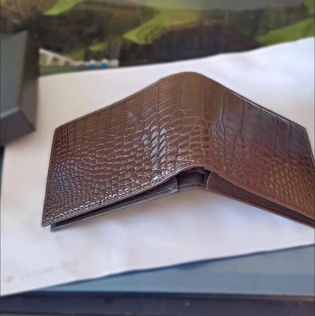 Portefeuille Court Homme Cuir Crocodile Véritable Motif Alligator 11x9cm – CLEVI Paris