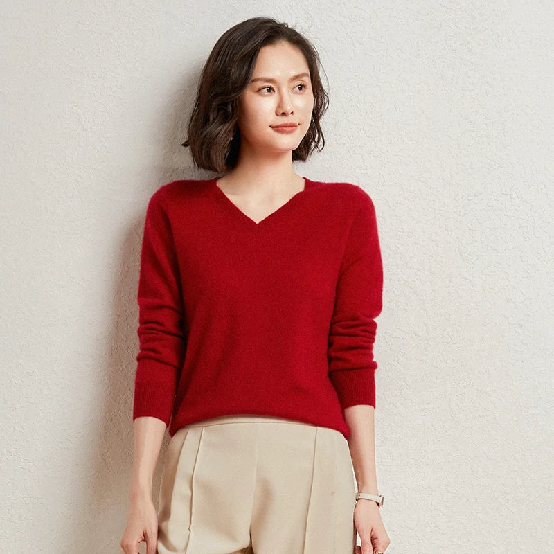 Pull femme en cachemire à col V – CLEVI Paris