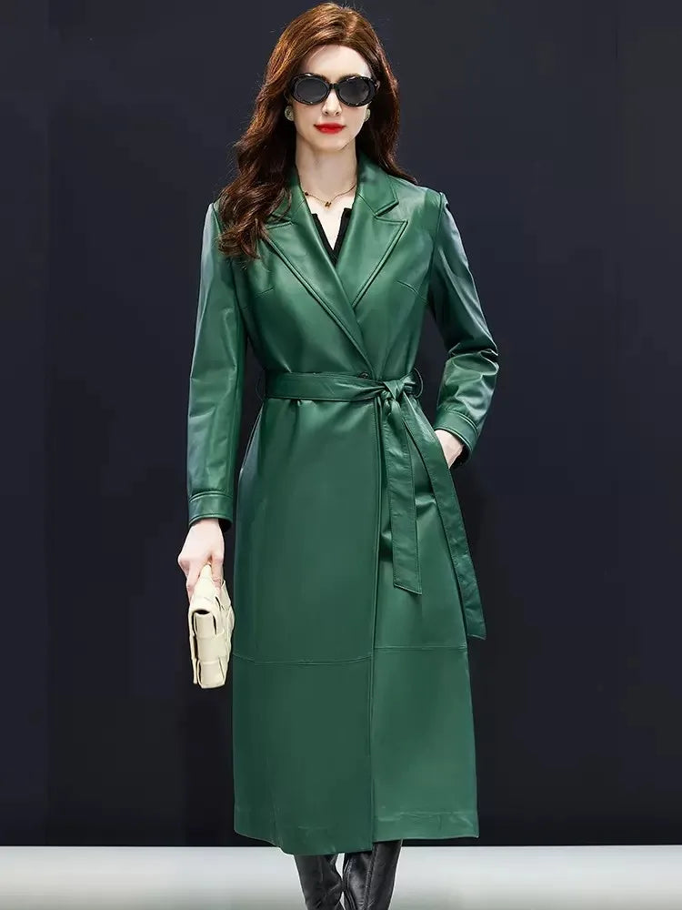 Trench long femme cuir de mouton ceinturé – CLEVI Paris